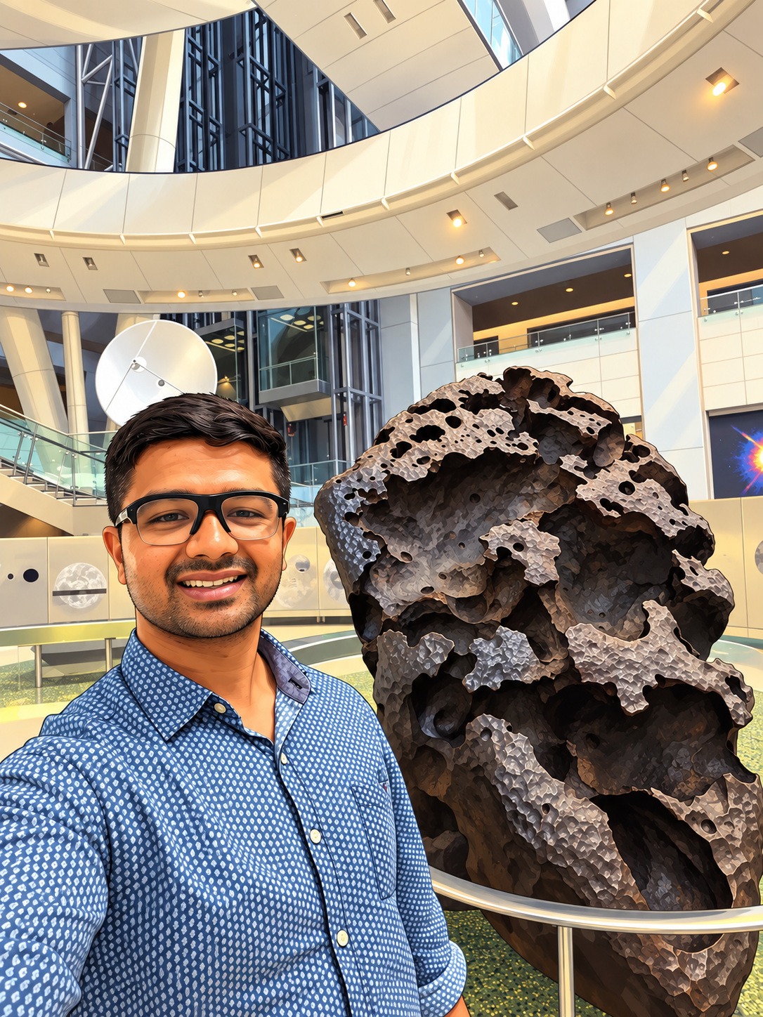 Cartoon portrait of Dr. Praveen Kumar M beside a meteorite exhibit